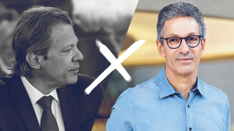 Do lado esquerdo, Fernando Haddad, ex-ministro de Lula que expalhou mentiras sobre a dívida de Minas Gerais com a gestão Zema. O ex-governador de Minas aparece do lado direito.