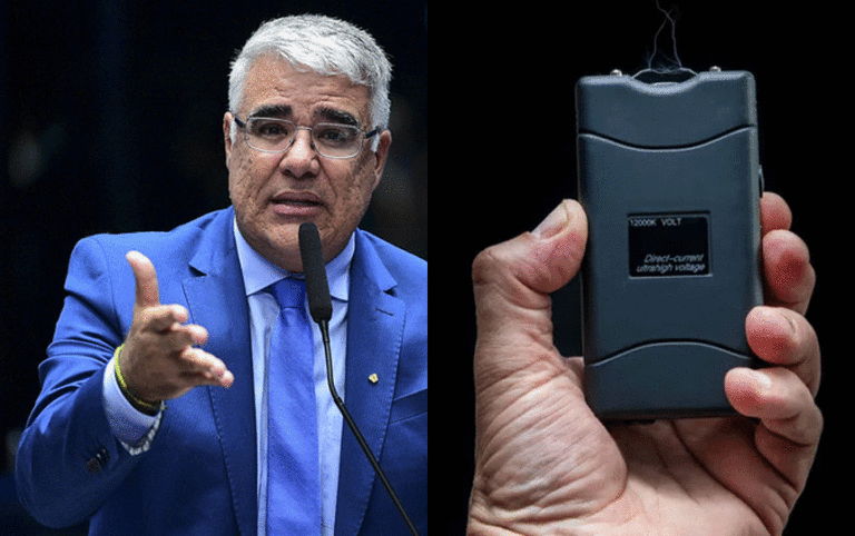 O projeto do senador Eduardo Girão que regulamenta o uso de tasers pela população comum é marco para a segurança pública no Brasil (créditos: Pedro França/Agência Senado e reprodução).