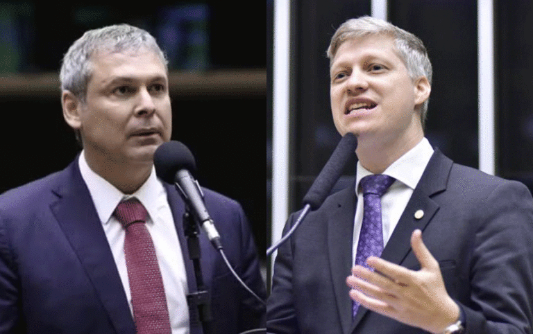 Lindbergh Farias e outros deputados de esquerda estão tentando suspender o mandato de Marcel van Hattem (à direita) (créditos: Kayo Magalhães e Zeca Ribeiro/Câmara dos Deputados).