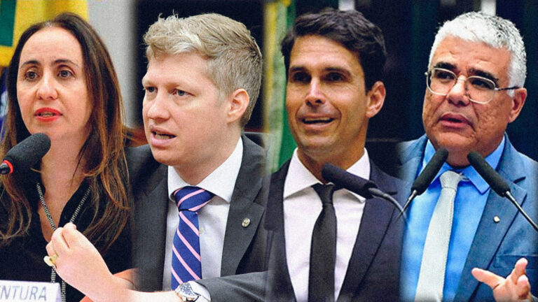 Da esquerda para direita, os parlamentares do NOVO na Comissão: Adriana Ventura, Marcel van Hattem, Luiz Lima e Eduardo Girão. Todos votaram na CPMI do INSS pela prisão dos suspeitos de participação no escândalo (créditos: reprodução).