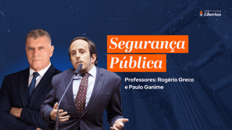 Rogério Greco e Paulo Ganime, professores do curso de segurança pública do Libertas, de terno e gravata ao lado dos textos "segurança pública" e "professores: Rogério Greco e Paulo Ganime" e um fundo azul escuro.