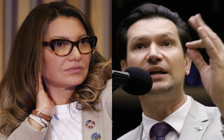 Na esquerda, a primeira-dama Janja, que teve seus poderes aumentados por decreto, com a mão na mandíbula e o rosto apreensivo, e, na direita, o deputado federal Gilson Marques gesticulando com a mão enquanto discursa irritado no Plenário da Câmara dos Deputados.