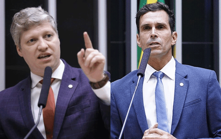 Os deputados federais Luiz Lima e Marcel van Hattem, que apresentaram destaques para endurecer a punição para o crime de arrastão, discursam na Câmara dos Deputados.