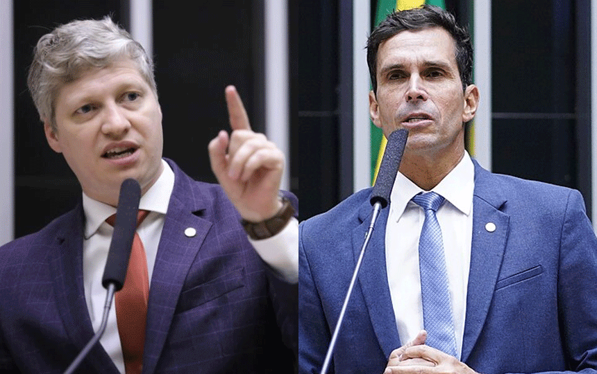 Os deputados federais Luiz Lima e Marcel van Hattem, que apresentaram destaques para endurecer a punição para o crime de arrastão, discursam na Câmara dos Deputados.