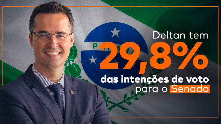 Deltan Dallagnol, pré-candidato ao Senado, de terno e gravata com ao lado do título "Deltan tem 29,8% das intenções de voto para o Senado" e com a bandeira do Paraná ao fundo.