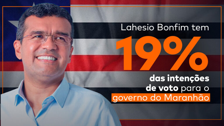 O ex-prefeito Lahesio Bonfim ao lado do título "Bonfim tem 19% das intenções de voto para o governo do Maranhão" e ao fundo a bandeira do Maranhão.