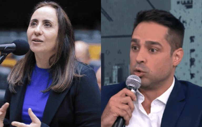 Adriana Ventura e Leo Siqueira, que tomaram ações fundamentais para o TST cancelar a construção de uma sala VIP exclusiva para seus ministros no aeroporto de Brasília, discursam.