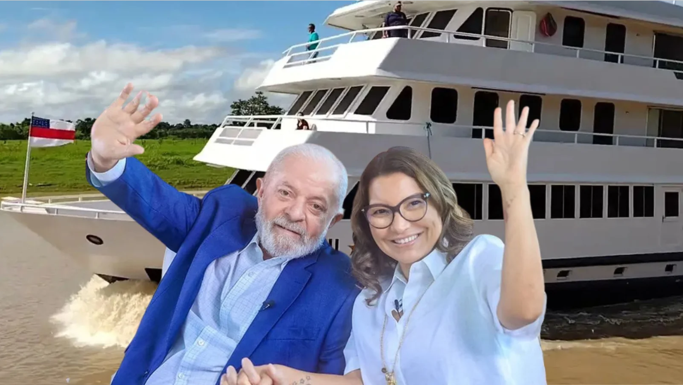Ao centro, Lula e Janja, que frequentemente usam o sigilo de Estado para ocultar informações sobre seus gastos exorbitantes pagos pelo governo federal, acenam para uma foto. Ao fundo, vê-se um iate em um rio.
