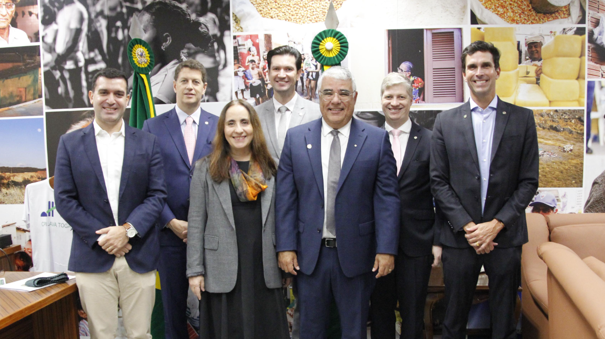 Toda a bancada de deputados do NOVO na Câmara votou a favor do PL Antifacção. Da esquerda para a direita: o presidente do Partido, Eduardo Ribeiro, e os deputados Ricardo Salles, Adriana Ventura, Gilson Marques, o senador Eduardo Girão, Marcel van Hattem e Luiz Lima.