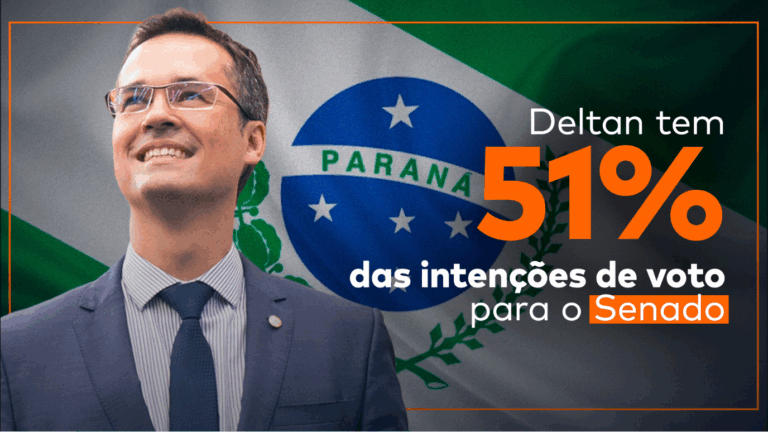 Deltan Dallagnol, que lidera as pesquisas para senador do Paraná com 51% das intenções de voto, olha para cima sorridente e usando terno e grava. Do lado direito da arte, aparece o título da matéria. Ao fundo desses dois elementos, a bandeira do Paraná tremula.