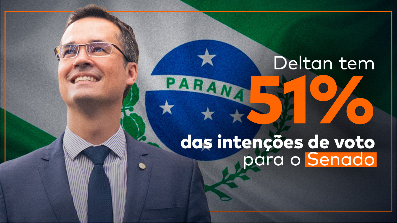 Deltan Dallagnol, que lidera as pesquisas para senador do Paraná com 51% das intenções de voto, olha para cima sorridente e usando terno e grava. Do lado direito da arte, aparece o título da matéria. Ao fundo desses dois elementos, a bandeira do Paraná tremula.