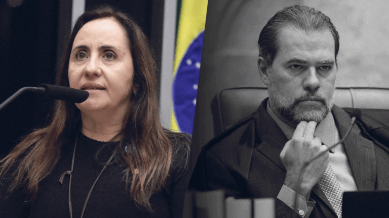 A deputada federal Adriana Ventura, que apresentou a PEC para estabelecer um código de conduta de ministros do STF, aparece à esquerda. À direita, o ministro Dias Toffoli, que se encontrou indevidamente com o advogado ligado ao Banco Master, aparece.