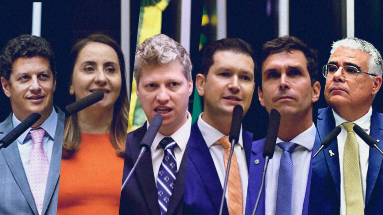 O NOVO foi a única sigla que orientou contra o projeto dos supersalários do TCU. Da esquerda para direita: Ricardo Salles, Adriana Ventura, Marcel van Hattem, Gilson Marques, Luiz Lima e Eduardo Girão.