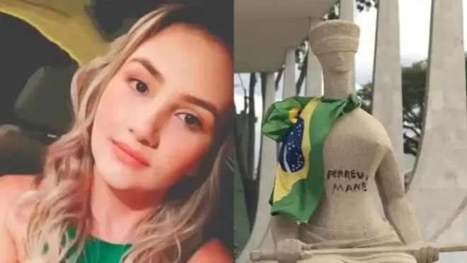 À esquerda, Débora dos Santos, que foi condenada a 14 anos por pichar uma estátua do STF com batom, é uma das vítimas do 8/1 que pode ser beneficiada pelo Projeto da Dosimetria, que busca reduzir as penas nesse contexto. À direita, a estátua da justiça do STF com uma bandeira do Brasil pendurada.
