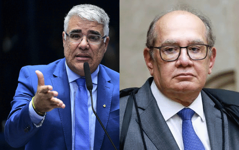 À esquerda, o senador Eduardo Girão, que assina a PEC para acabar com a indicação política para ministros do STF, e, à direita, o ministro do Supremo, Gilmar Mendes.