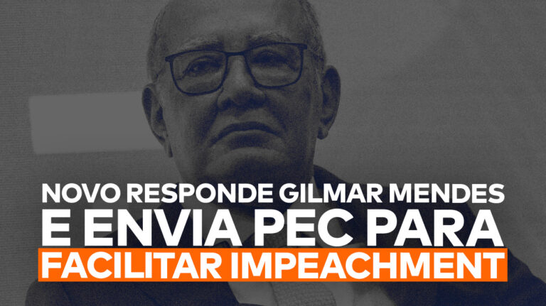 Gilmar Mendes sobre um filtro preto e branco e, abaixo dele, o título da matéria, que fala da resposta do NOVO à decisão do ministro do STF, enviando a PEC para facilitar o processo de impeachment.