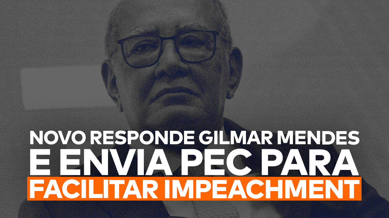 Gilmar Mendes sobre um filtro preto e branco e, abaixo dele, o título da matéria, que fala da resposta do NOVO à decisão do ministro do STF, enviando a PEC para facilitar o processo de impeachment.