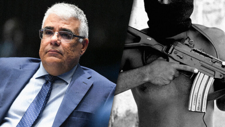 À esquerda, o senador Eduardo Girão, que votou a favor do PL Antifacção no Senado, e, à direita, um criminoso armado com um fuzil.