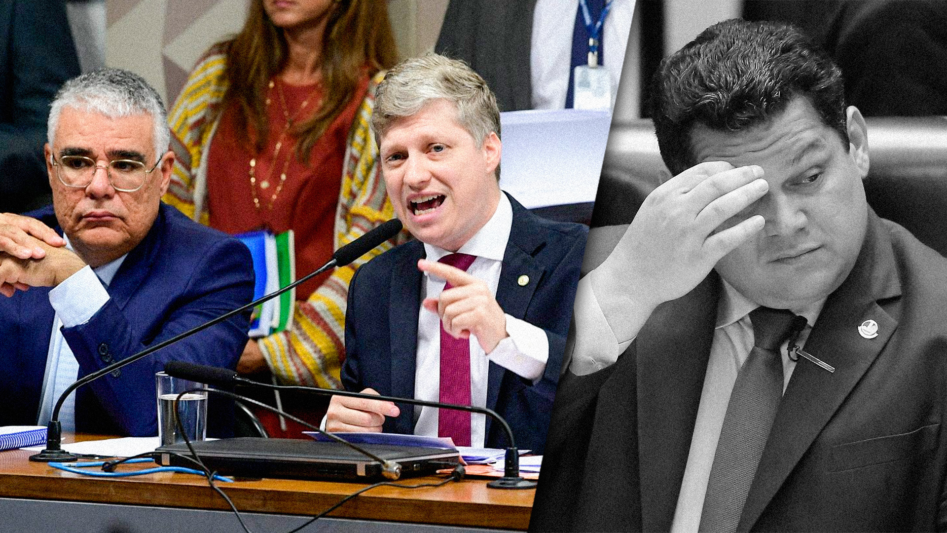 No lado esquerdo, respectivamente, o senador Eduardo Girão e o deputado Marcel van Hattem, ambos do NOVO e que votaram contra o orçamento de 2026. No lado direito, o presidente do Senado, Davi Alcolumbre.