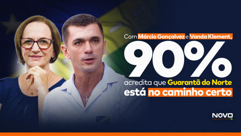 O prefeito de Guarantã do Norte, Márcio Gonçalves, e a vice-prefeita, Vanda Klement, ambos do NOVO, e o texto “Com Márcio Gonçalvez e Vanda Klement, 90% acredita que Guarantã do Norte está no caminho certo”.