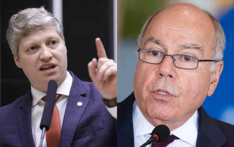 Deputado Marcel van Hattem, que assina o projeto para derrubar a portaria do sigilo ao Itamaraty, à esquerda, e Mauro Vieira, Ministro das Relações Exteriores, à direita.