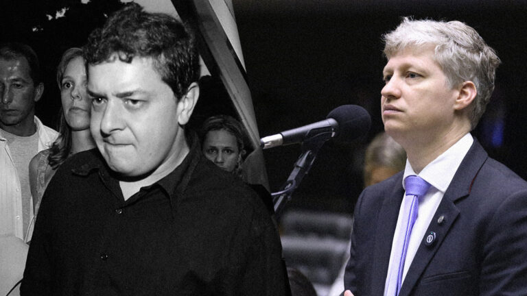 À esquerda, o deputado Marcel van Hattem, que protocolou o novo pedido de convocação para ouvir Lulinha na CPMI do INSS, e, à direita, Lulinha, filho do presidente Lula.