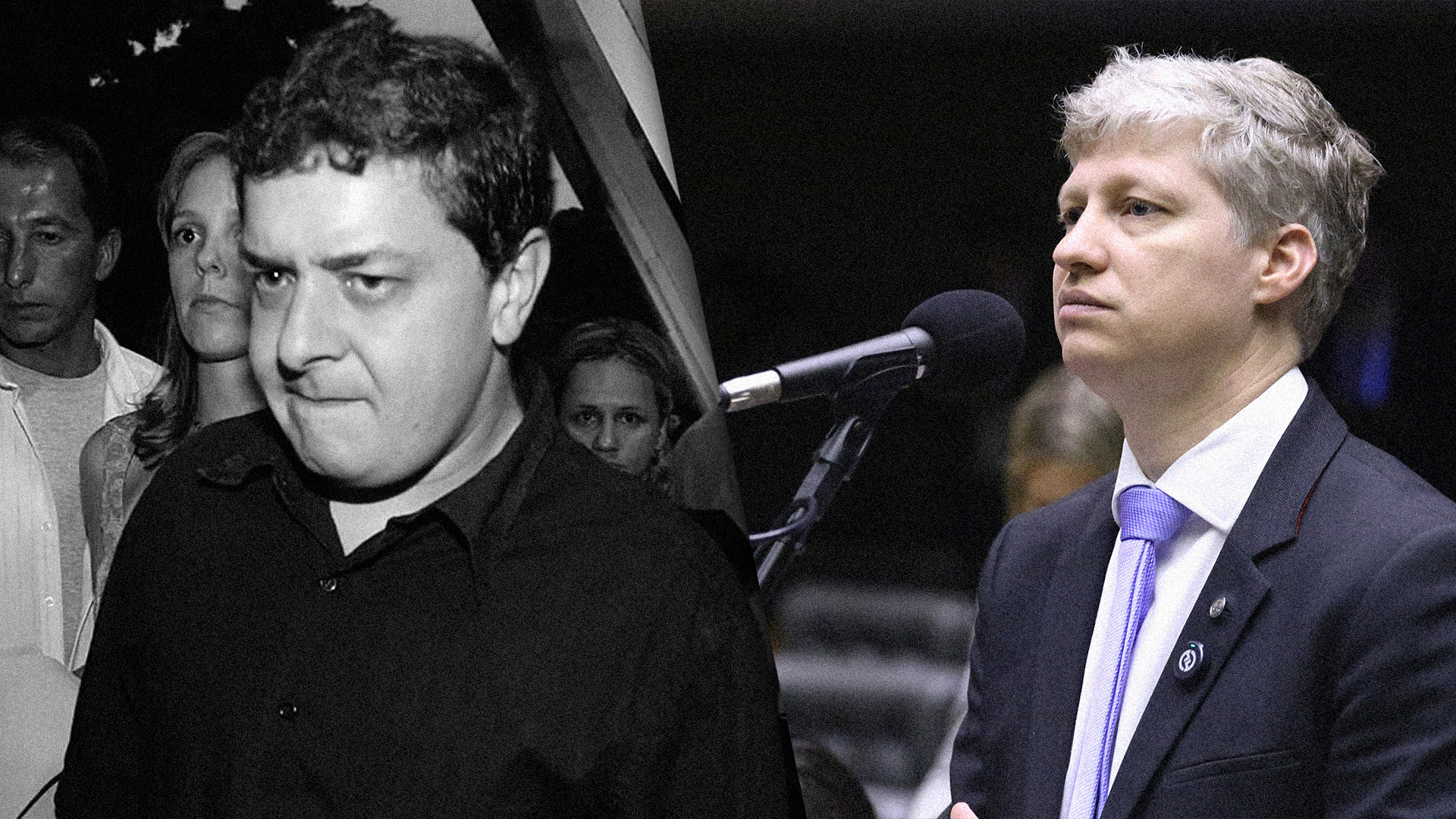 À esquerda, o deputado Marcel van Hattem, que protocolou o novo pedido de convocação para ouvir Lulinha na CPMI do INSS, e, à direita, Lulinha, filho do presidente Lula.