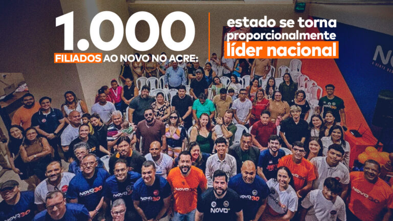 Lideranças e filiados do NOVO do Acre reunidos na Casa 30 e, acima deles, a frase “1.000 filiados ao NOVO no Acre: estado se torna proporcionalmente líder nacional”.
