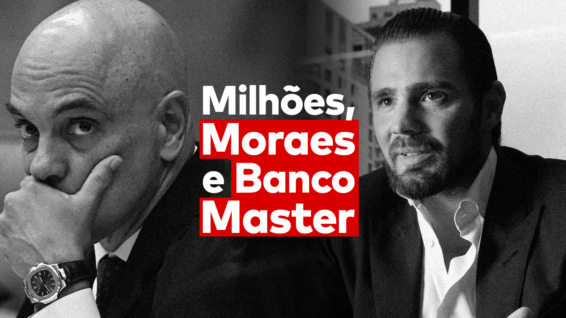 Alexandre de Moraes e Daniel Vorcaro, dono do Banco Master, e, entre eles, a frase "milhões, moraes e banco master".