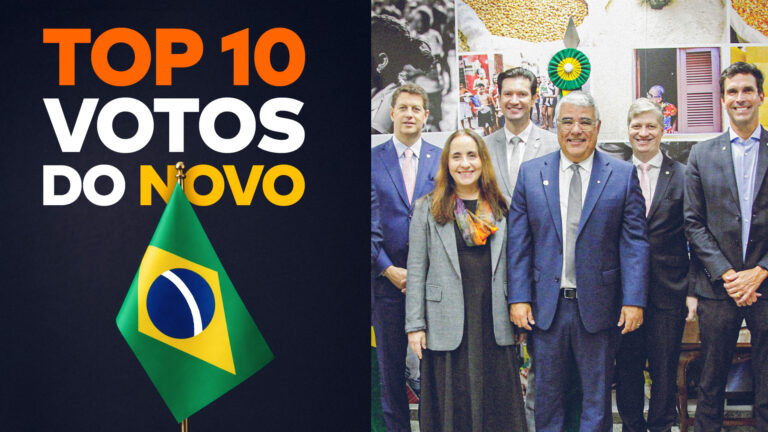 Na esquerda, a frase “top 10 votos do novo”, e, na direita, os congressistas do NOVO em 2025, respectivamente: Ricardo Salles, Adriana Ventura, Gilson Marques, Eduardo Girão, Marcel van Hattem e Luiz Lima.