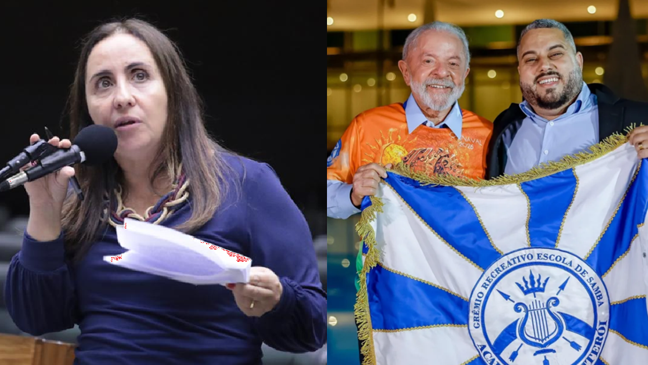 No lado esquerdo, a deputada do NOVO, Adriana Ventura, que redigiu a ação para suspender o repasse de R$ 1 milhão para uma escola de samba fazer propaganda do presidente Lula. No lado direito, Lula com um representante da escola em questão segurando a bandeira do grupo.