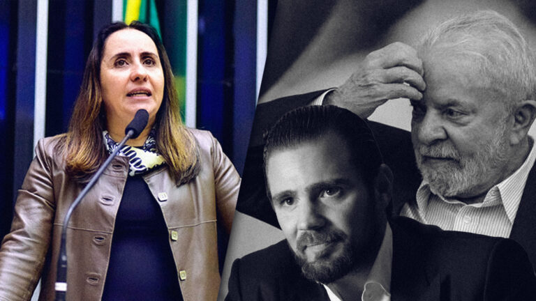 No lado esquerdo, a deputada Adriana Ventura, que assinou o requerimento cobrando o governo federal sobre a reunião entre Lula e Vorcaro, presidente do Banco Master, que aparecem no lado direito da imagem.