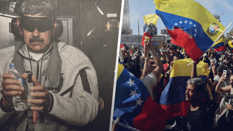 Na esquerda, Maduro preso pelos EUA. Na direita, o povo venezuelano comemorando.