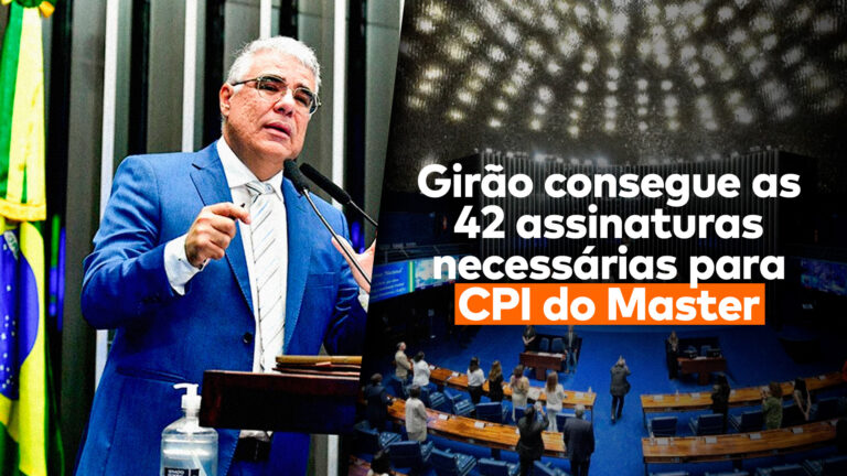 No lado esquerdo, o senador do NOVO, Eduardo Girão, que conseguiu a maioria das assinaturas do Senado para a CPI do Banco Master. No lado direito, o plenário do Senado.