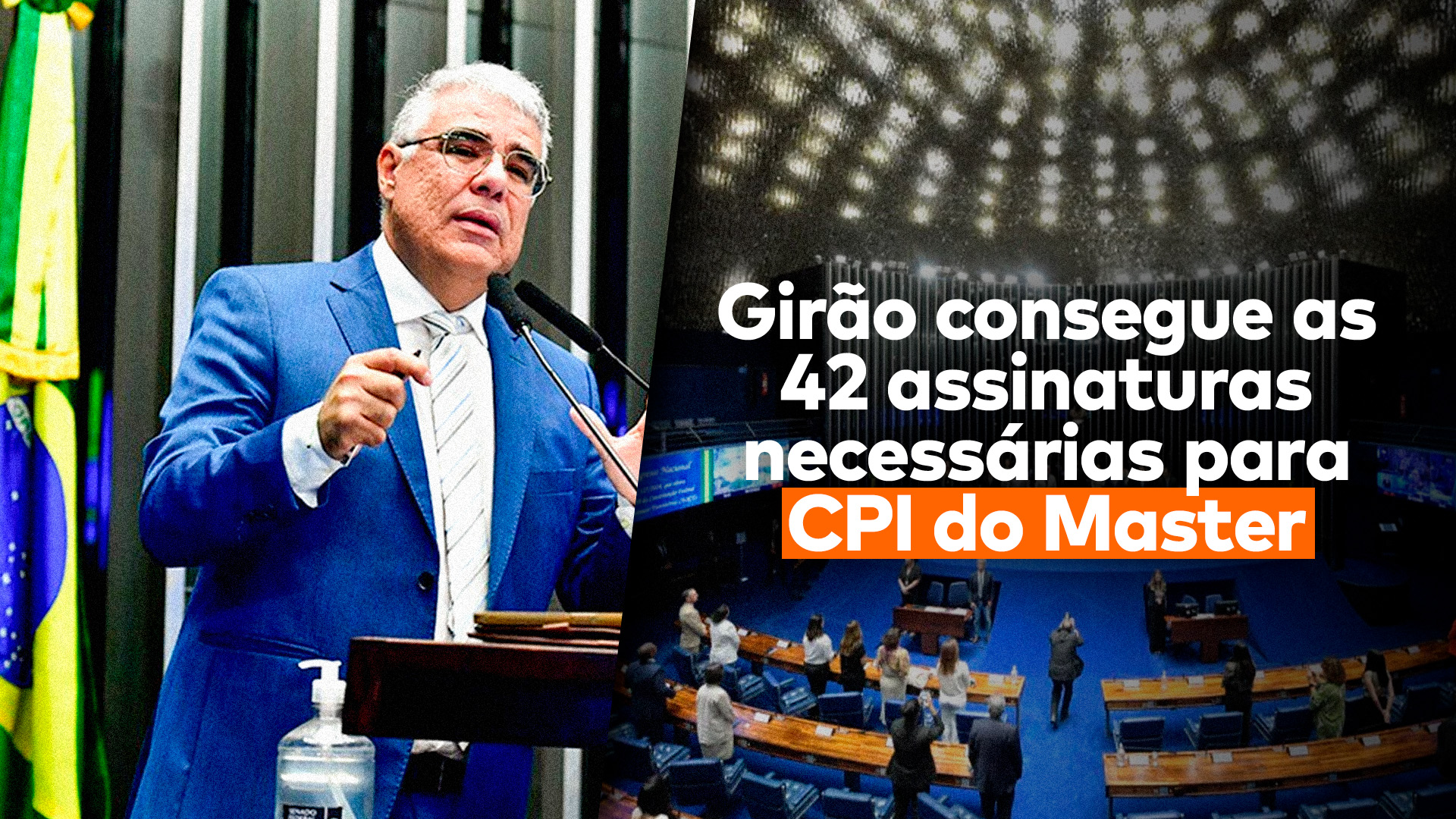 No lado esquerdo, o senador do NOVO, Eduardo Girão, que conseguiu a maioria das assinaturas do Senado para a CPI do Banco Master. No lado direito, o plenário do Senado.