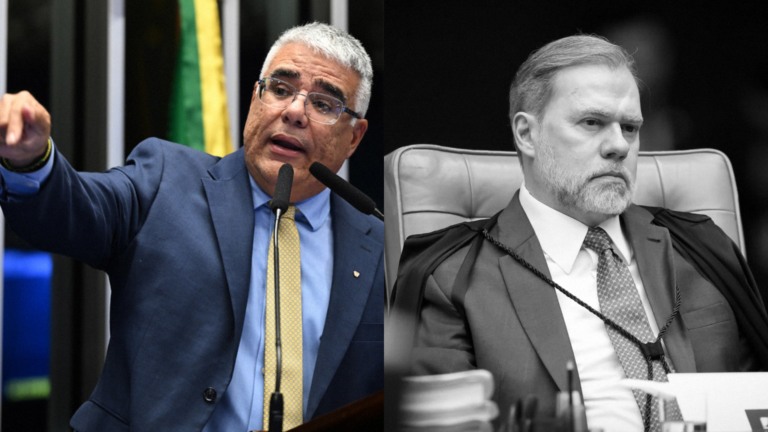 Na esquerda, o senador do NOVO, Eduardo Girão, que assinou o pedido de impeachment de Dias Toffoli no contexto do caso Banco Master, discursa na tribuna do Senado. Na direita, o ministro do STF, Dias Toffoli, aparece em imagem preto e branco no plenário do STF.