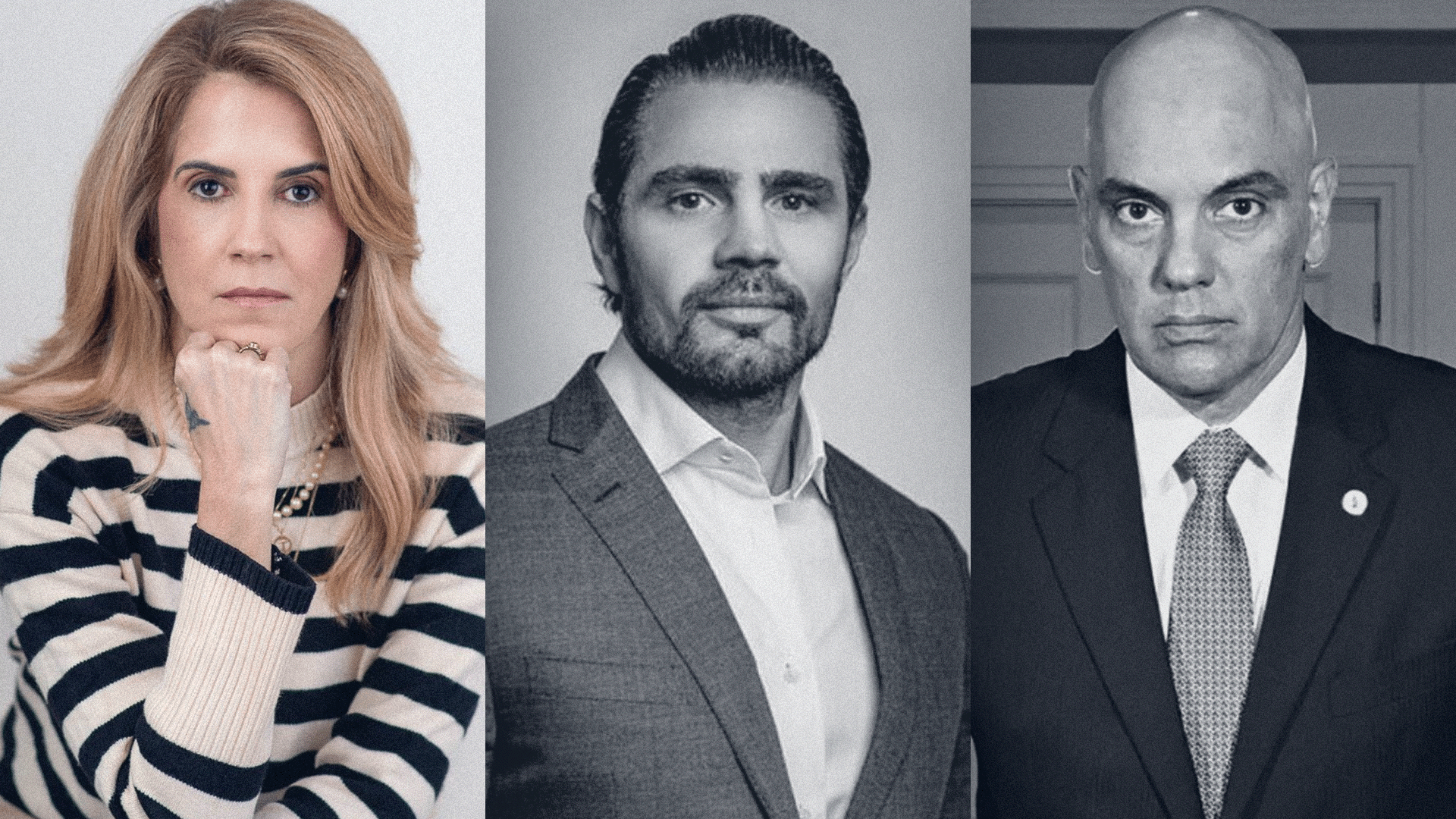 Da esquerda para direita: Julie Milk, comentarista que denunciou a compra de influenciadores para defender o banco master; Daniel Vocaro, ex-presidente do Master; e Alexandre de Moraes, ministro do STF.