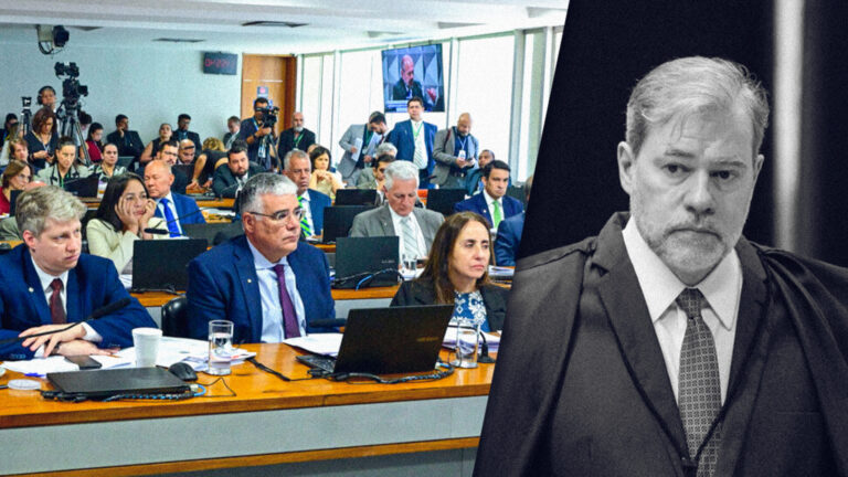 Na esquerda, os congressistas do NOVO, Marcel van Hattem, Eduardo Girão e Adriana Ventura, que ajuizaram ações contra Dias Toffoli na PGR e na PF, e, na direita, o ministro do STF.