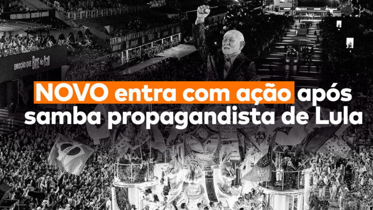 Com o desfile da escola Acadêmicos de Niterói, uma propaganda para Lula no Carnaval, ao fundo, lê-se “NOVO entra com ação após samba propagandista de Lula”, em referência à representação para tirar Lula das eleições de 2026.