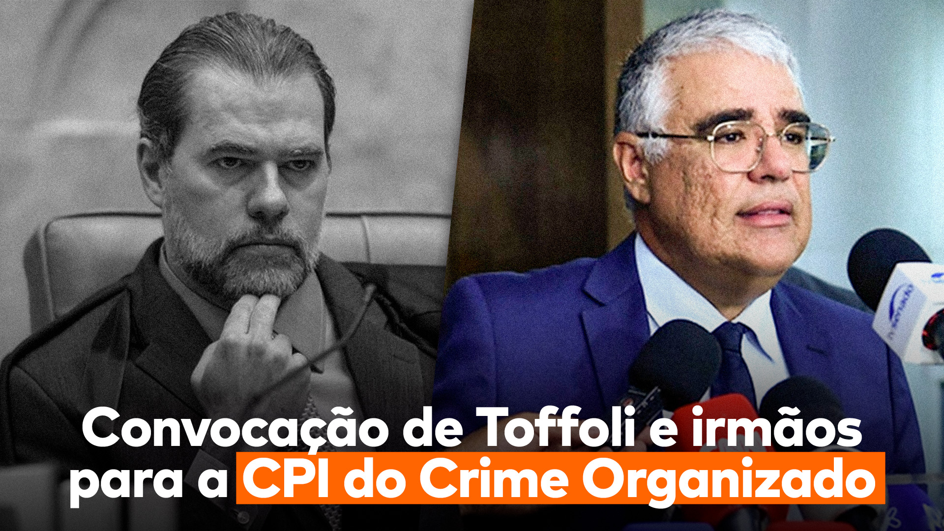 Do lado esquerdo, o ministro Dias Toffoli, do direito, o senador Eduardo Girão, que pede a convocação de Toffoli e seus familiares para depor sobre o Caso Master na CPI do Crime.