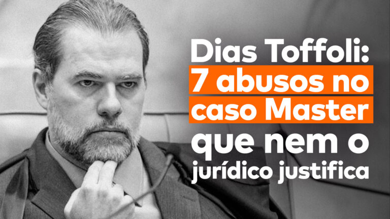 No lado esquerdo, o ministro do STF, Dias Toffoli, que é alvo de um pedido de impeachment assinado pelo NOVO, e, no lado direito, a frase “Dias Toffoli: 7 abusos no caso Master que nem o jurídico justifica”.