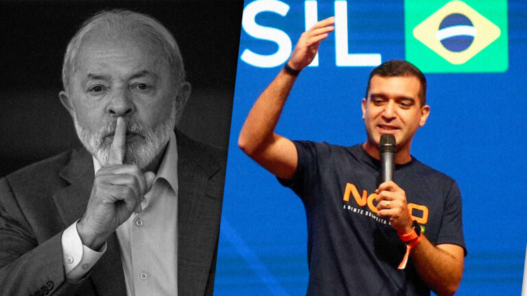 No lado esquerdo, Lula faz sinal de silêncio, no direito, o presidente do Partido Novo, Eduardo Ribeiro, discursa. O NOVO entrou com a ação contra a farra dos sigilos no governo Lula.
