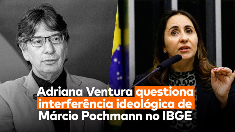 No lado direito, a deputada do NOVO, Adriana Ventura, que enviou uma ação contra a crise por interferência ideológica do presidente do IBGE, Márcio Pochmann, que aparece no lado esquerdo. Abaixo deles, aparece o título “Adriana Ventura questiona interferência ideológica de Márcio Pochmann no IBGE”.