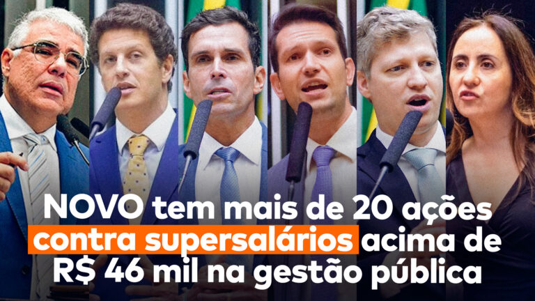 Da esquerda para direita, os congressistas do NOVO, todos a favor do fim dos supersalários: senador Eduardo Girão e os deputados Ricardo Salles, Luiz Lima, Gilson Marques, Marcel van Hattem e Adriana Ventura. Abaixo deles, lê-se “NOVO tem mais de 20 ações contra supersalários acima de R$ 46 mil na gestão pública”.