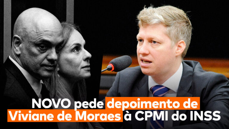 No lado esquerdo, Alexandre de Moraes e sua esposa, Viviane Barci, no lado direito, o deputado do NOVO, Marcel van Hattem, e abaixo deles a frase "NOVO pede depoimento de Viviane de Moraes à CPMI do INSS”.