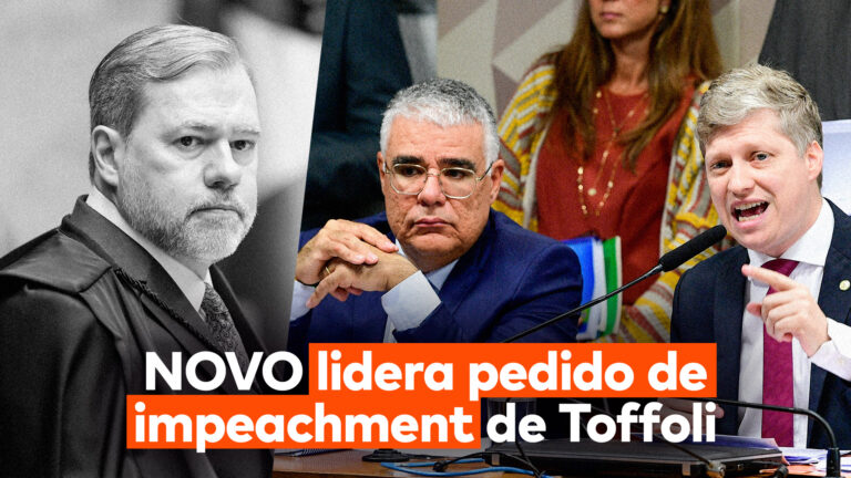 Arte da matéria que comenta renúncia de Toffoli e o pedido de afastamento contra o ministro mostra, da esquerda para a direita, o magistrado do STF, os congressistas do NOVO, Eduardo Girão e Marcel van Hattem, e abaixo dos três a frase “NOVO lidera pedido de impeachment de Toffoli”.