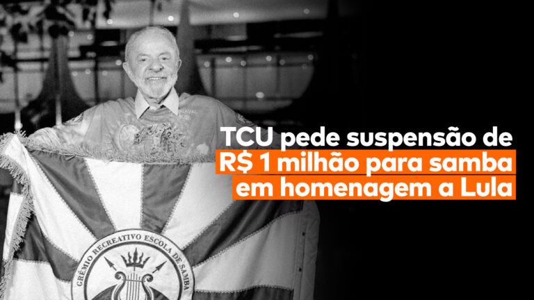 Na esquerda, aparece Lula com a bandeira da escola de samba “Acadêmicos de Niterói”, e, na direita, lê-se a frase “TCU pede suspensão de R$ 1 milhão para samba em homenagem a Lula”.