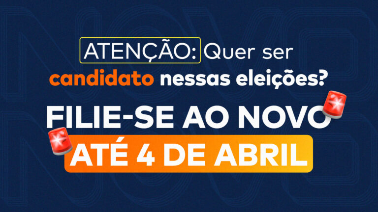 Na capa, lê-se a frase “ATENÇÃO: Quer ser candidato nessas eleições de 2026? Filie-se ao NOVO até 4 de abril”.