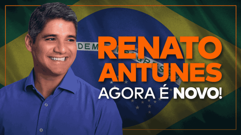 O deputado estadual Renato Antunes, recém filiado ao Partido Novo, aparece ao lado da frase “Renato Antunes agora é NOVO”.