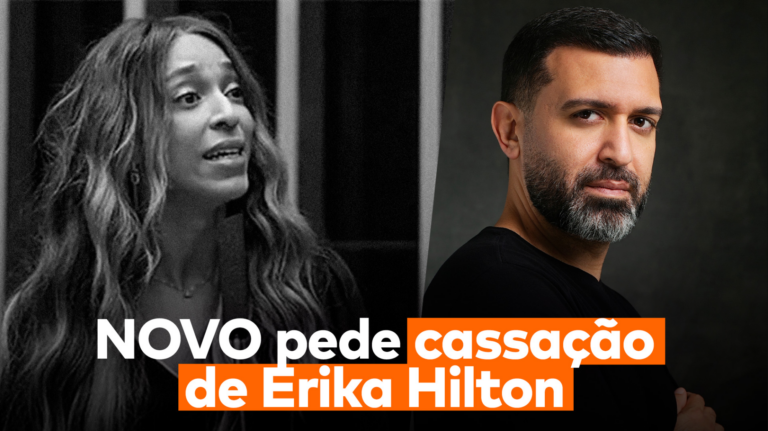 Do lado esquerdo, Erika Hilton, do direito, o presidente do NOVO, Eduardo Ribeiro, e abaixo deles a frase "NOVO pede cassação de Erika Hilton”.